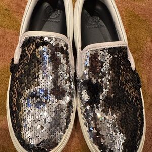 Tory Burch Silver and Black Sequin Slip-Ons